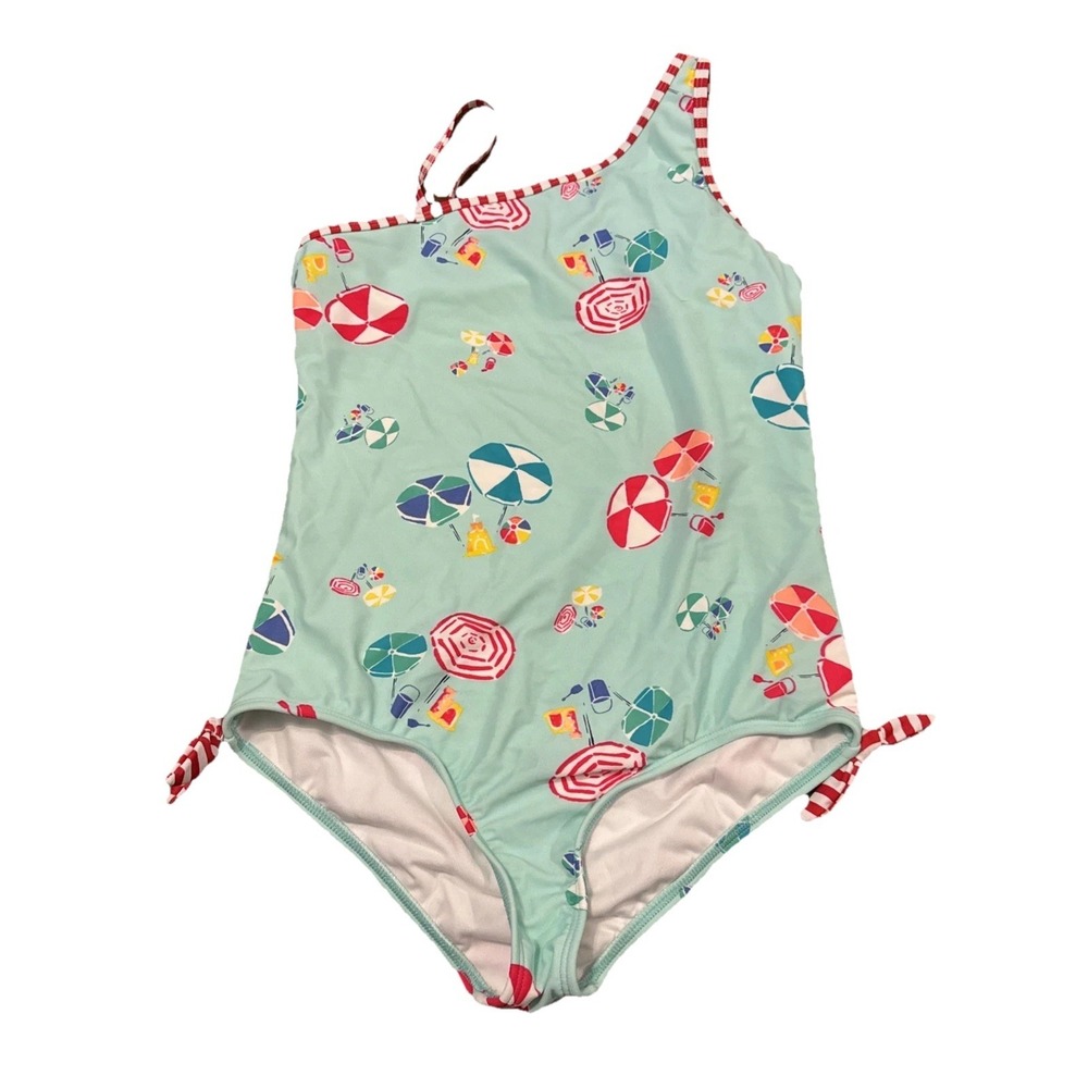 Lands' End Girls One Shoulder Swimsuit Size 12+ Beach Umbrella Print Blue